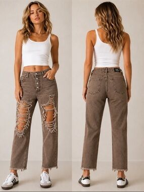 Simple Society Brown Distressed Boyfriend Jeans Raw Hem Size 9/29